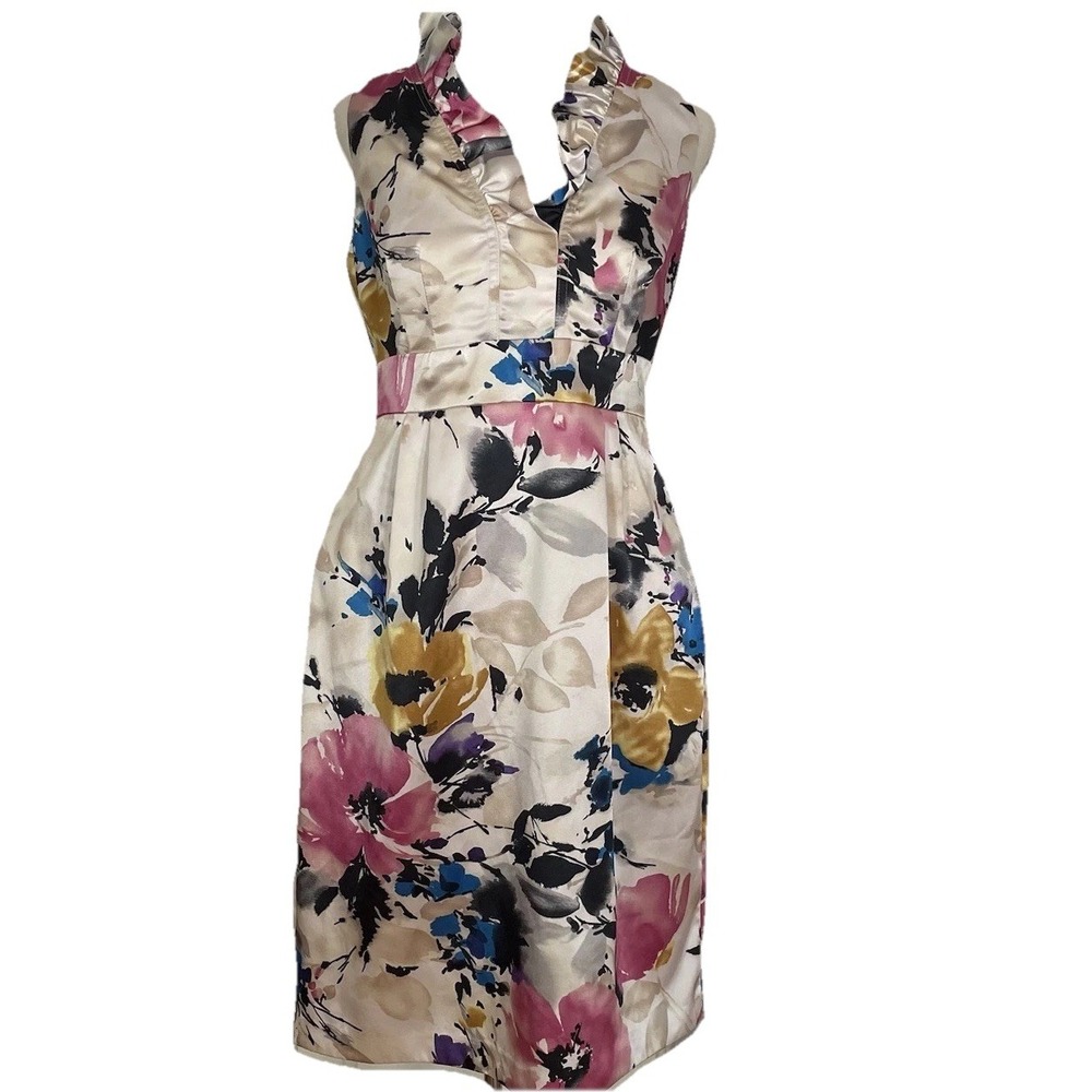 Suite 7 Watercolor Floral Ruffle‎ Neckline Knee Length Dress Size 6